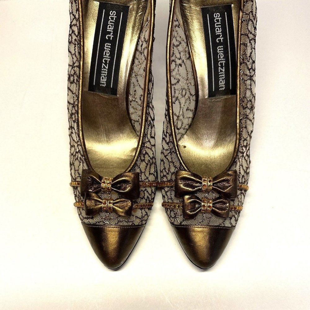 STUART WEITZMAN Womens Heels Shoes Size 6B Brown Guipure Lace Beaded Bow - Picture 5 of 13